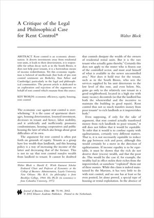 Cover of "A Critique of the Legal and Philosophical Case for Rent Control"