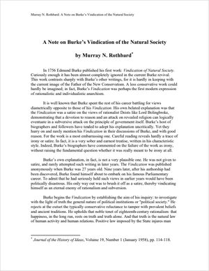 Cover of A Note on Burke's Vindication of the Natural Society