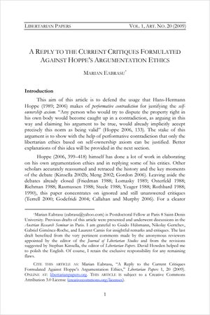 Cover of A Reply to the Current Critiques Formulated Against Hoppe’s Argumentation Ethics