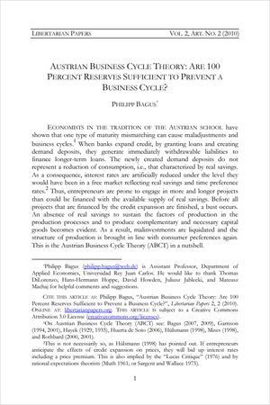 Cover of Austrian Business Cycle Theory: Are 100 Percent Reserves Sufficient to Prevent a Business Cycle?