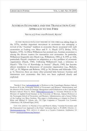 Cover of Austrian Economics and the Transaction Cost Approach to the Firm