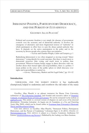 Cover of Immanent Politics, Participatory Democracy, and the Pursuit of <i>Eudaimonia</i>