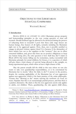 Cover of Objections to the Libertarian Stem Cell Compromise