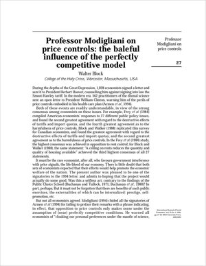 Cover of "Professor Modigliani on Price Controls: The Baneful Influence of the Perfectly Competitive Model"