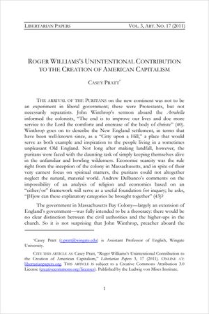 Cover of Roger Williams’s Unintentional Contribution to the Creation of American Capitalism