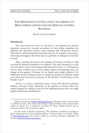 Cover of The Definition of Inflation According to Mises: Implications for the Debate on Free Banking