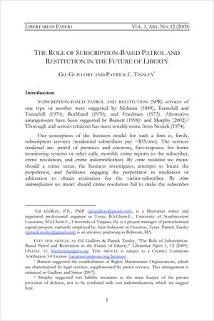 Cover of The Role of Subscription-Based Patrol and Restitution in the Future of Liberty