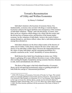 Cover of Toward a Reconstruction of Utility and Welfare Economics