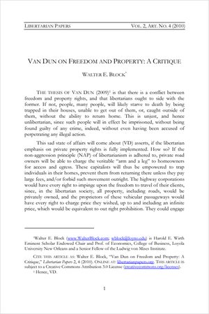 Cover of Van Dun on Freedom and Property: A Critique