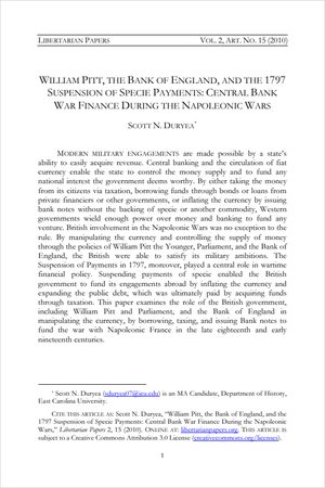 Cover of William Pitt, the Bank of England, and the 1797 Suspension of Specie Payments: Central Bank War Finance During the Napoleonic Wars