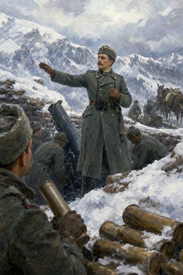 Painting: artillery officer Ludwig von Mises directs his mountain battery in the snowbound Carpathians, 1916-17